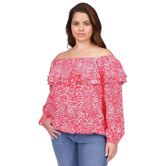 Michael Michael Kors Size 3X Animal-Print Off-the-Shoulder Top Pink & White New - Picture 1 of 7